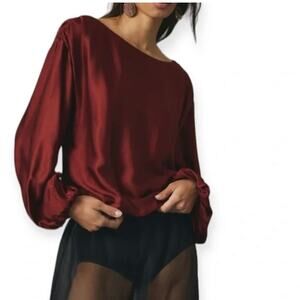 Anthropologie Wine Red Satin Balloon Long Sleeve Blouson Hem Blouse Small NWT